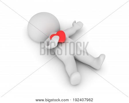 3D Character lying on the floor clutching a red heart. Image can depict a heart attack.