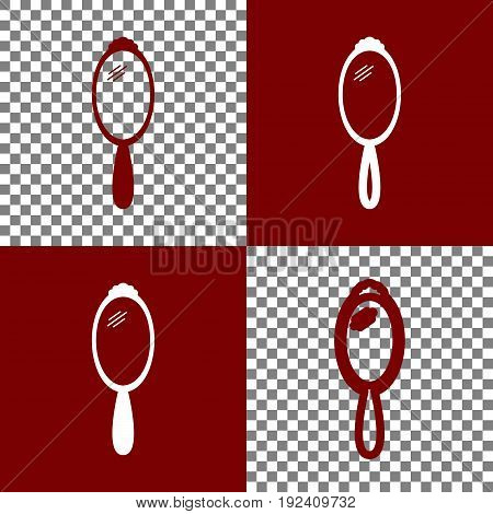 Hand Mirror sign. Vector. Bordo and white icons and line icons on chess board with transparent background.