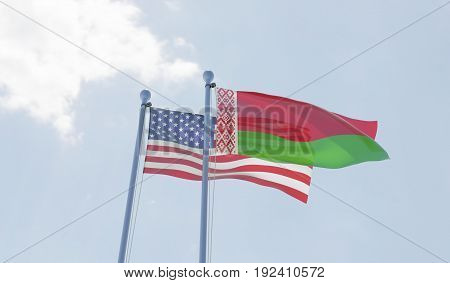 USA and Belarus, two flags waving against blue sky. 3d illustration