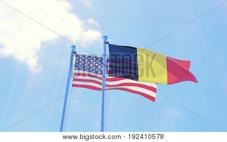 USA and Belgium, two flags waving against blue sky. 3d illustration
