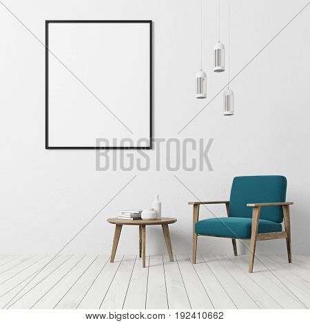 White textured wall living room interior with a white floor a blue armchair a coffe table with book and bottles and a vertical framed poster. 3d rendering mock up