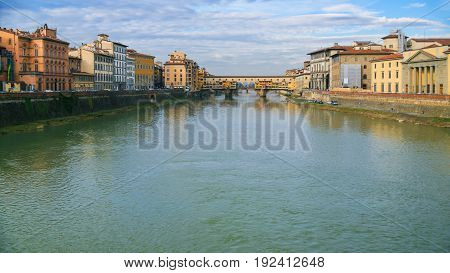 Panoramic View Of Arno River With Ponte Vecchio