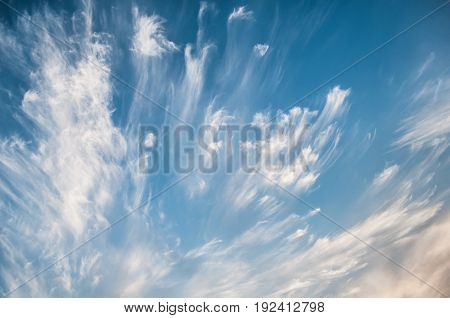 Dramatic Sky At Sunset, The Contrast Of Cirrus Cloud Shapes,