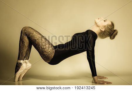 Graceful beautiful woman ballet dancer full length studio shot sepia vintage aged tone