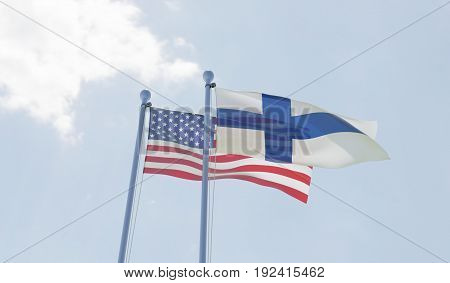 USA and Finland, two flags waving against blue sky. 3d illustration