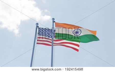 USA and India, two flags waving against blue sky. 3d illustration