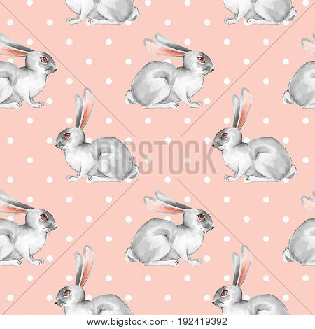 Seamless pattern with white rabbits. Watercolor illustration 
