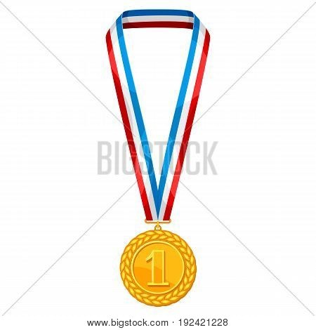 Realistic gold medal with multi colored ribbon. Illustration of award for sports or corporate competitions.