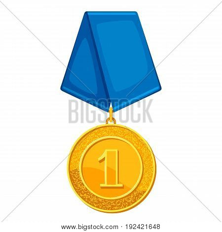 Realistic gold medal with blue ribbon. Illustration of award for sports or corporate competitions.