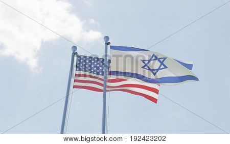 USA and Israel, two flags waving against blue sky. 3d illustration