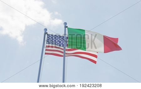 USA and Italy, two flags waving against blue sky. 3d illustration