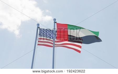 USA and United Arab Emirates, two flags waving against blue sky. 3d illustration