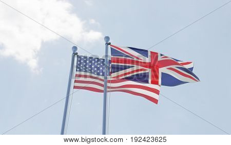 USA and Great Britain, two flags waving against blue sky. 3d illustration