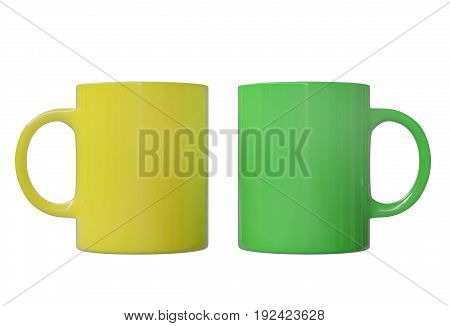 Two cups, yellow and green, isolated on white background. 3d image