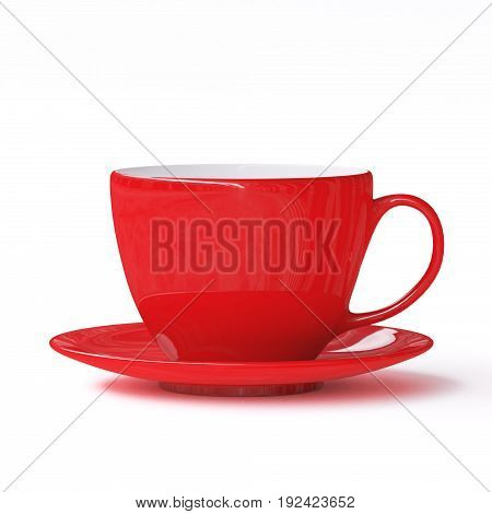 Red cup with saucer on white background. 3d illustration