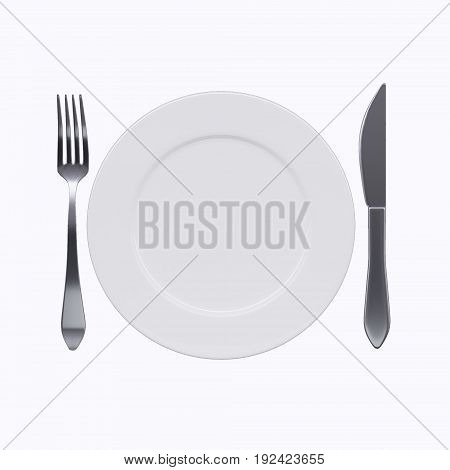Empty white plate with fork and knife, isolated on white background. 3d image