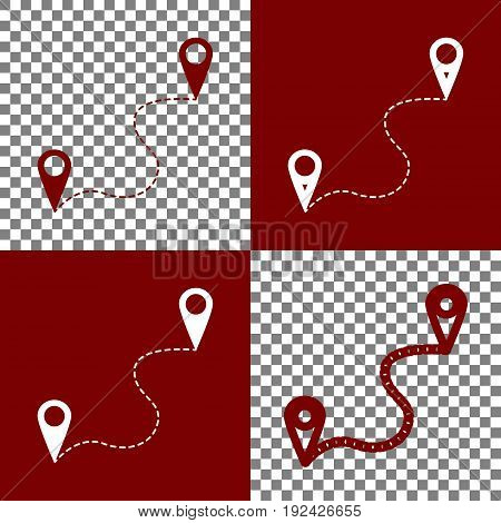 Location pin navigation map, gps sign. Vector. Bordo and white icons and line icons on chess board with transparent background.