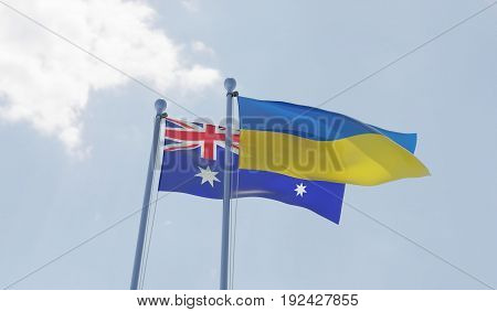 Ukraine and Australia, two flags waving against blue sky. 3d image