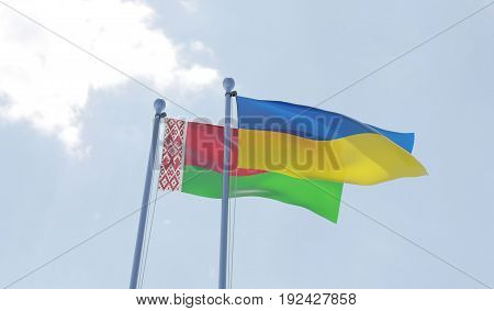 Ukraine and Belarus, two flags waving against blue sky. 3d image
