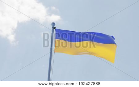 Ukrainian flag waving against blue sky. 3d image