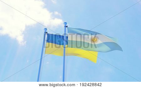 Ukraine and Argentina, two flags waving against blue sky. 3d image