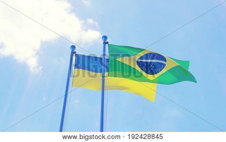 Ukraine and Brazil, two flags waving against blue sky. 3d image