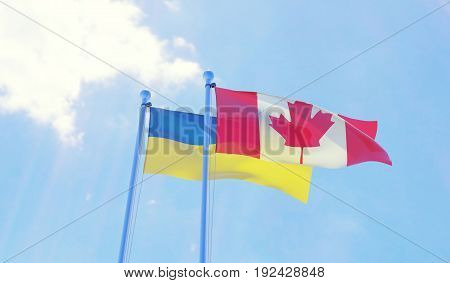 Ukraine and Canada, two flags waving against blue sky. 3d image