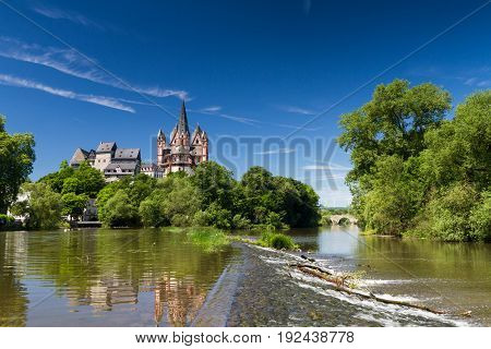 Panorama of the cathedral and castle of Limburg above the river Lahn Hesse Germany
