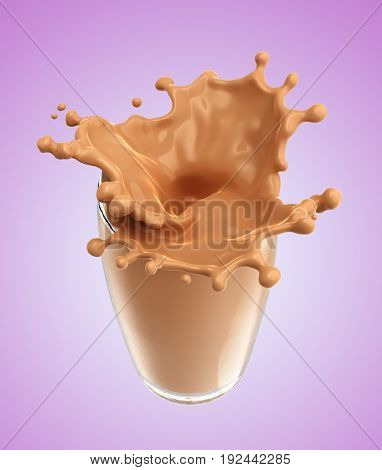 Splash of chocolate milk from the glass .Pink background. 3d rendering