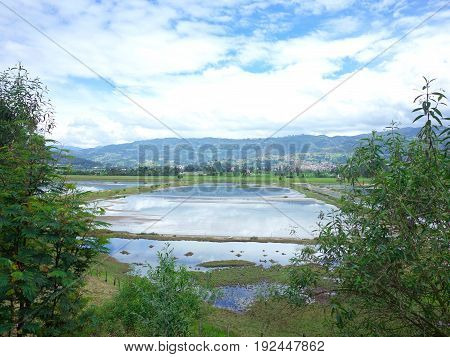 The small town of Paipa looking over the swamp land in Boyaca Colombia