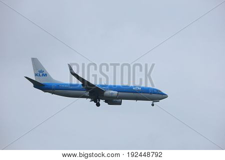 Amsterdam the Netherlands - June 22nd 2017: PH-BXE KLM Royal Dutch Airlines Boeing 737 approaching Polderbaan runway at Schiphol Amsterdam Airport the Netherlands