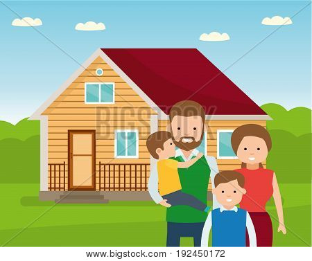 Happy family in the background of his home. Father, mother, and two son together outdoors. Vector illustrations in the flat cartoon style.