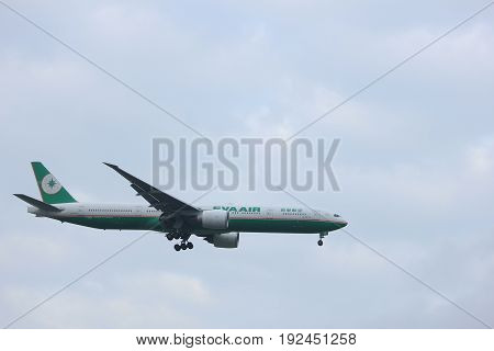 Amsterdam the Netherlands - June 22nd 2017: B-16716 EVA Airways Boeing 777 approaching Polderbaan runway at Schiphol Amsterdam Airport the Netherlands