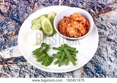 Fresh Shrimp Chili Dip Served With Side Dish.
