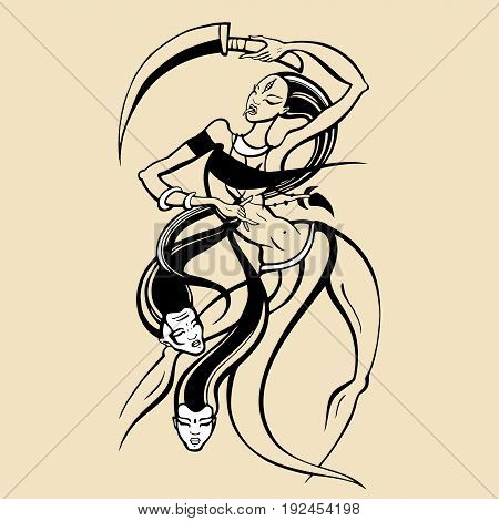 Kali. Hindu Goddess of Time, Creation, Destruction and Power. Dancing woman in traditional ethnic style. Vector Hand drawn Illustration.