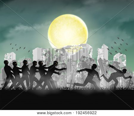 human running from zombie at night ruined city