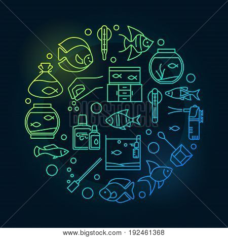 Aquarium round bright illustration - vector colorful symbol made with icons of fish and accessories for fish tank in thin line style on dark background