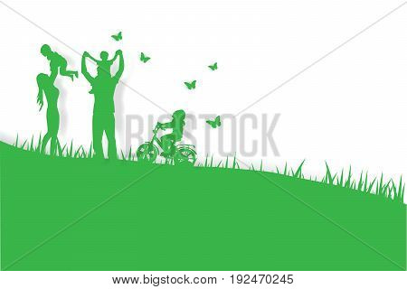 Green background happy family having fun playing in the fieldpaper artvector
