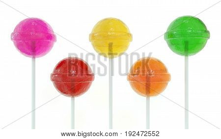 Five different colors lollipops isolated on white background. 3d image