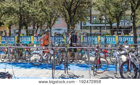 Pescara; Italy - June 18; 2017: Athlete in the transition area for start bicycle test at Pescara's Ironman 70.3
