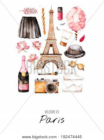 Handpainted postcard with cosmetics,Tour Eiffel, champagne, camera
