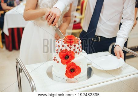 the hands of the newlyweds holding a knife that cut a beautiful wedding cake decorated with red poppies and hearts
