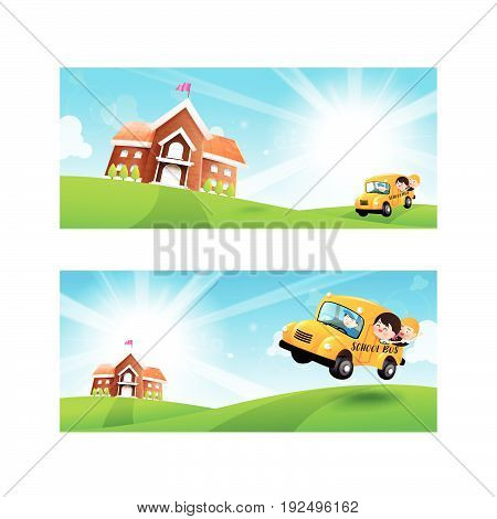 Back to School concept Blank banner template Student kids on school bus with happiness and cheerful with Nature Blue sky sunburst copy space and greenfield Background vector illustration