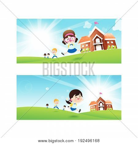 Back to School concept Blank banner template Student kids jumping and running with happiness and cheerful with Nature Blue sky sunburst copy space and greenfield Background vector illustration