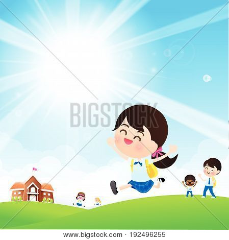 Back to School concept Student kids jumping and running with happiness and cheerful with Nature Blue sky sunburst copy space and greenfield Background vector illustration