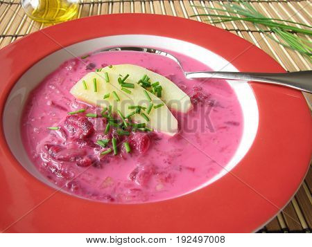 Homemade cold beetroot soup with herbs on plate