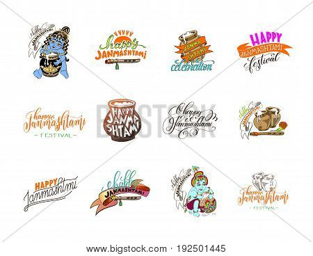 krishna janmashtami celebration logo design to indian holiday banner, greeting card, vector illustration