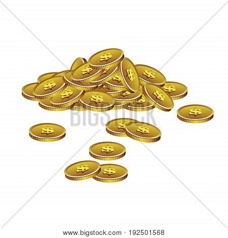 Realistick pile of colden coins with dollar symol on the colorless background