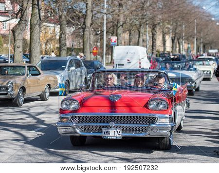 NORRKOPING, SWEDEN - MAY 1, 2017: Ford Sunliner, 1958, cabriolet at vintage car parade in Norrkoping. This parade started in 1974 and has become an annual tradition on May Day.