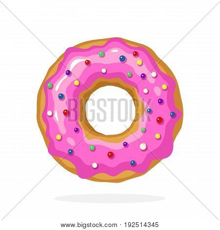 Vector illustration in cartoon style. Donut with pink glaze and colored sugar dragees. Decoration for menus, signboards, showcases